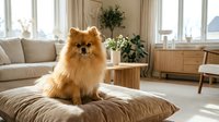 Fluffy orange Pomeranian dog sitting on beige cushion in bright modern living room with natural light streaming through large windows and plants.
