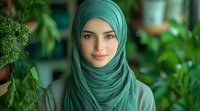 Young woman wearing emerald green hijab smiles warmly against lush green foliage background, radiating peace and confidence in modern modest fashion portrait.