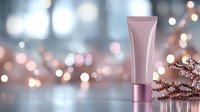 Pink cosmetic cream tube on blurred bokeh background with decorative branch. Elegant skincare product presentation for beauty and spa marketing.