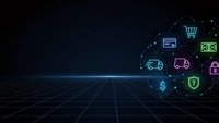 Digital commerce network with glowing neon icons on futuristic grid background for online business and e-commerce technology concepts.