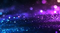 Magical glowing bokeh lights on dark background with blue and purple sparkles creating dreamy atmosphere. Defocused particles shine with neon colors.
