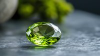 Oval cut peridot gemstone with brilliant facets on dark textured surface, displaying vibrant lime green color and crystal clarity in natural lighting.