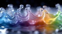 Colorful water crown splash with rainbow spectrum effect on dark background, macro photography showing liquid dynamics and surface tension in motion.