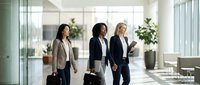 Three diverse professional businesswomen walking confidently through modern corporate office lobby with briefcases, representing teamwork and leadership success.