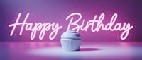 Glowing neon Happy Birthday sign with a cupcake on a vibrant pink-purple background, perfect for celebration cards and party designs.