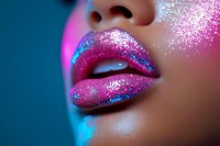 Close up of sensual lips covered in pink and blue glitter makeup with neon lighting effect against dark background, fashion beauty cosmetics concept.