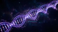 Purple glowing DNA double helix structure with sparkling particles on dark cosmic background for biotechnology and genetic research presentations.