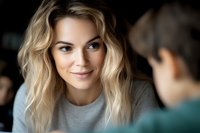Young blonde woman with gentle smile listening attentively during conversation, showing empathy and understanding. Natural lighting creates warm atmosphere.
