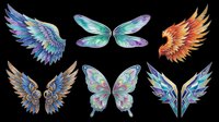 Colorful fantasy wings clipart set isolated on transparent background, ready for stickers, t-shirt design, print on demand, and sublimation projects.