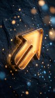 Glowing golden arrow symbol with magical light particles on dark textured surface for business growth and direction concepts.