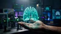 Digital holographic lungs floating above open palm in modern medical technology environment for healthcare innovation and respiratory medicine concepts.