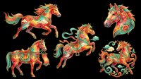 Colorful ornamental horses with decorative patterns, isolated on transparent background. Ready for t-shirt design, clipart, stickers, sublimation, print-on-demand products and digital crafts.