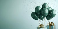Elegant green balloons floating above wrapped gift boxes with golden bows against soft blurred background with sparkles. Perfect for celebration designs.