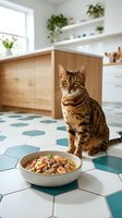 Tabby cat sitting in modern kitchen with food bowl containing meat and vegetables on hexagonal tile floor, wooden cabinets, white shelves with plants.