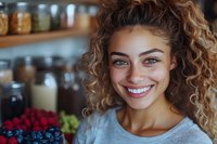 Happy young mixed race woman with curly hair smiling in modern kitchen with fresh berries and pantry jars in background for healthy lifestyle content.