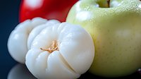 Fresh sliced apple with water droplets showing juicy white flesh and seeds against dark background, next to whole green and red apples.