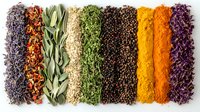 Colorful rows of dried herbs, spices and seasonings arranged in vibrant stripes including lavender, chili flakes, sage leaves, sesame seeds, parsley, peppercorns, turmeric and cabbage.