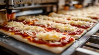 Fresh pizza preparation with melted mozzarella and tomato sauce on rectangular dough bases lined up on commercial kitchen baking tray, close-up view with selective focus.