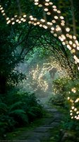 Enchanted forest pathway with glowing fairy lights creating magical tunnel through lush green trees and foliage for fantasy storytelling and nature concepts.