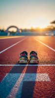 Pair of colorful running shoes positioned on athletic track at sunrise, with lane markings and sports facilities blurred in background. Use for fitness, sports, training, and wellness content.