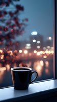 Black coffee mug on windowsill with blurred city lights and red berries creating cozy evening atmosphere for relaxation and contemplation.