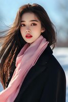Young Asian woman with flowing dark hair wearing black coat and pink scarf against winter background. Natural makeup with red lips creates striking contrast.