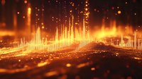 Glowing orange light columns rise from abstract surface with floating particles creating futuristic landscape effect against dark background with bokeh elements.