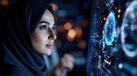Young Middle Eastern woman in hijab analyzing futuristic holographic data displays in modern tech environment for business and innovation concepts.