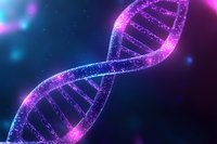 Glowing DNA helix structure with pink and blue neon particles on dark background, genetic research concept for medical and scientific presentations.