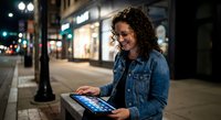 Young woman with curly hair using tablet computer on city street at night. Urban lifestyle technology concept for digital marketing and mobile connectivity.