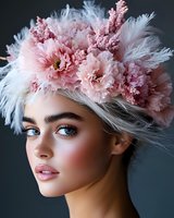 Young woman wearing luxurious pink floral headpiece with feathers against dark background, dramatic beauty portrait with soft makeup and natural lighting.