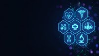 Digital healthcare technology background with glowing medical icons in hexagonal pattern on dark blue backdrop for modern medicine presentations.