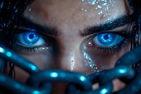 Mesmerizing glowing blue eyes with magical sparkles and ethereal lighting effects create mystical fantasy portrait through dark strands and shimmering elements.