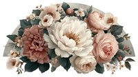 Elegant floral arrangement with white peony, blush roses, and dusty pink carnations surrounded by eucalyptus leaves on neutral background.