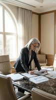 Senior businesswoman with white hair and glasses reviewing financial documents and charts at marble desk in modern office with natural light from large windows, suitable for corporate, finance, and professional business concepts.