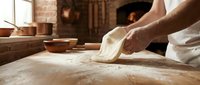 Professional baker kneading fresh dough on wooden table in rustic kitchen with brick oven background, artisan bread making process for bakery business.