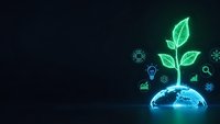 Glowing neon plant sprouting from Earth with technology icons on dark background representing sustainable innovation and eco-friendly business growth.