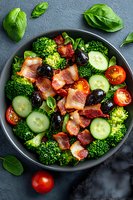 Fresh salad bowl with crispy bacon, broccoli, cherry tomatoes, black olives, cucumber slices, and baby spinach leaves on dark background. Healthy meal concept.