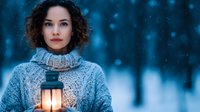 Young woman with curly hair in cozy sweater holding lantern in snowy winter forest with bokeh lights background.