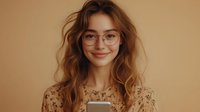 Young Caucasian woman with wavy brown hair and glasses smiling warmly while holding coffee cup against beige background. Natural daylight portrait in floral print dress.