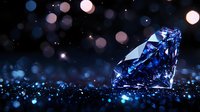 Sparkling blue diamond on dark background with glowing bokeh lights and glitter. Luxury jewelry concept with dramatic lighting and magical atmosphere.