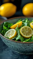 Fresh spinach salad with sliced lemons in rustic ceramic bowl on dark background, macro food photography with selective focus and natural lighting.