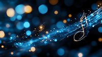 Abstract musical notes flowing through glowing blue and golden light streams on dark background, representing music, sound waves, and digital audio technology for creative projects.