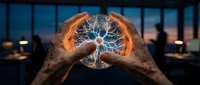 Two hands holding glowing neural network sphere with electric blue light connections against blurred office background, representing technology, innovation, and digital transformation.