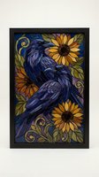 Stained glass style artwork featuring two ravens perched among vibrant sunflowers with decorative swirls and foliage in rich blues and golden tones.