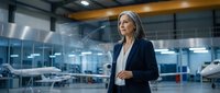 Mature businesswoman in formal attire standing in aircraft hangar, wearing glasses and blazer, looking upward thoughtfully. Aviation industry professional in modern facility.