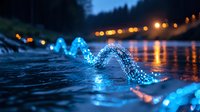 Glowing blue LED light installation creating wave pattern on water surface at night, with bokeh reflections and illuminated shoreline in background.
