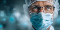 Close-up portrait of senior male medical professional wearing surgical mask, cap, and glasses against blurred hospital background with digital elements.