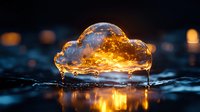 Frozen water droplet shaped like cloud catching golden light at sunset, with bokeh background and reflection on wet surface creating magical atmosphere.
