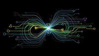 Digital infinity symbol with glowing circuit board patterns and flowing data streams on black background for technology and networking concepts.